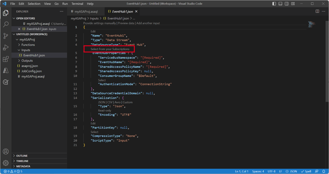 Screenshot of VSCode extension showing the input json files.