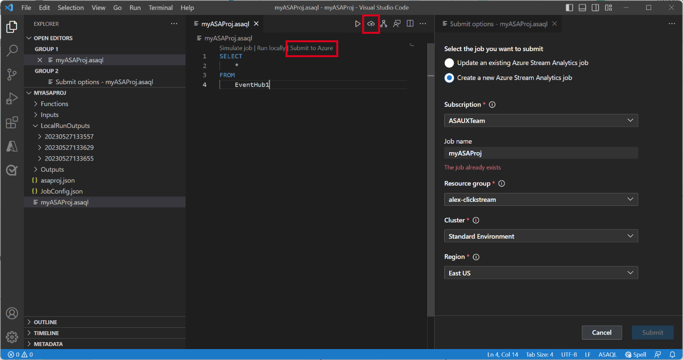 Screenshot of VSCode extension submitting job to Azure.