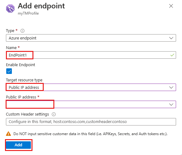 Screenshot of where you add an endpoint to your Traffic Manager profile.