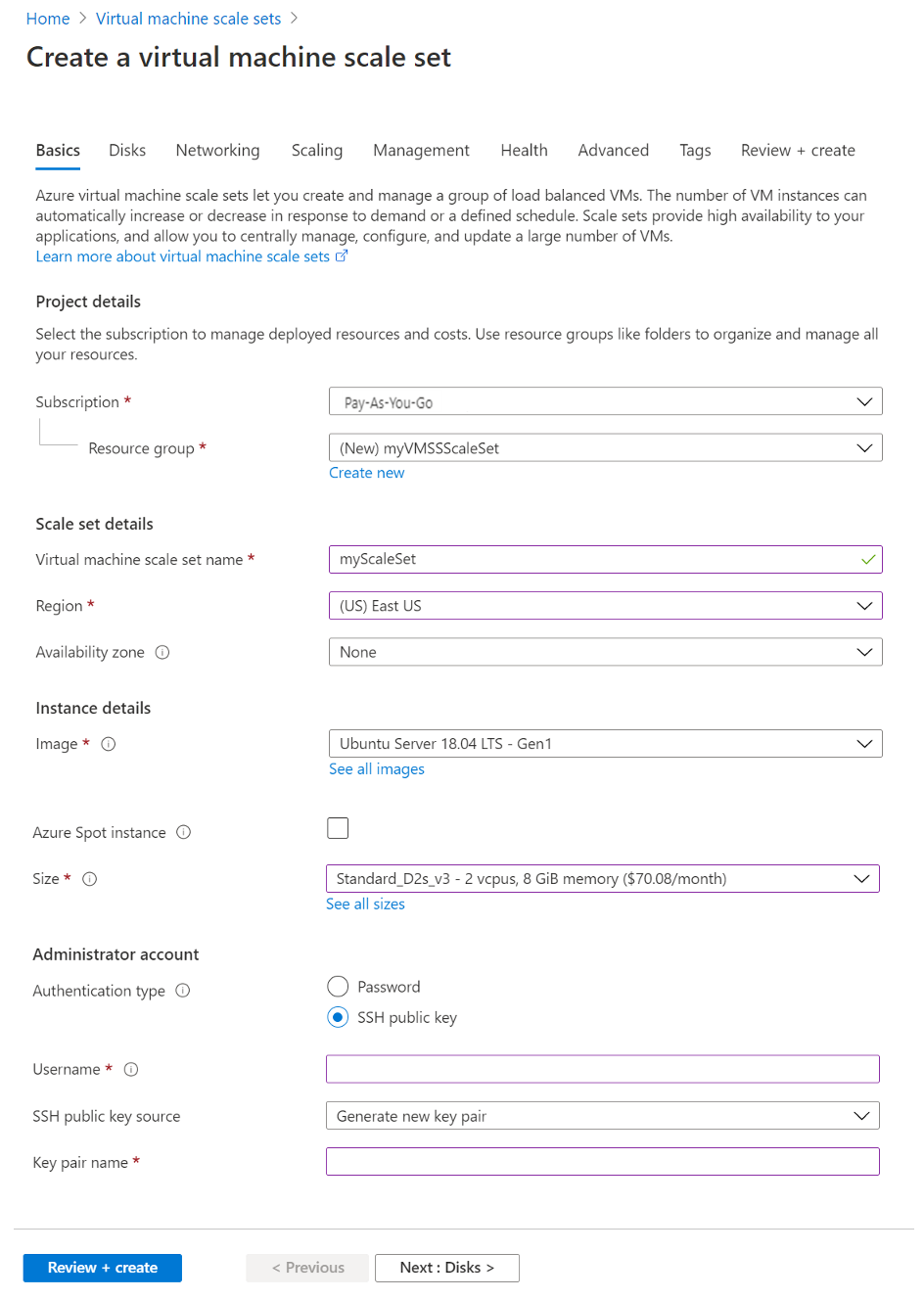 Azure Portal의 확장 집합에 대한 만들기 옵션을 보여 주는 이미지