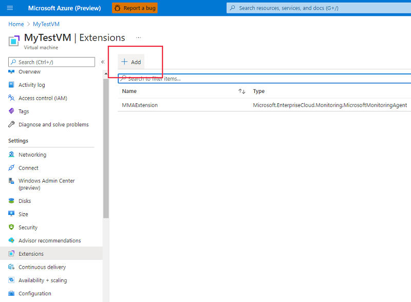 Screenshot that shows how to add an extension for a virtual machine in the Azure portal.