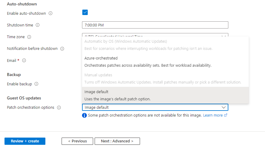 패치 오케스트레이션 모드를 사용하도록 설정하는 데 사용되는 Azure Portal의 관리 탭 표시