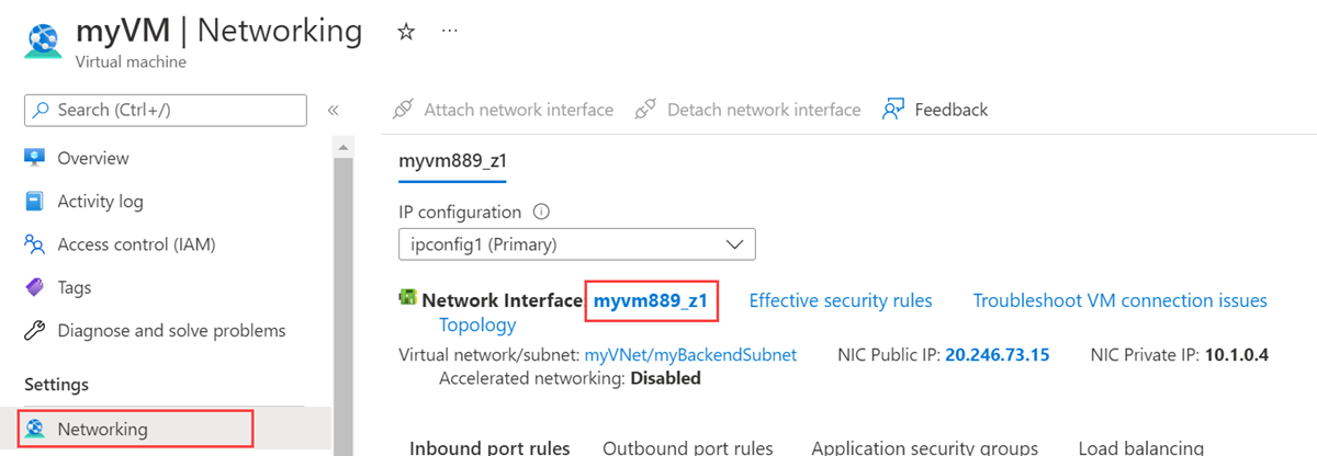 myVM 네트워킹 및 네트워크 인터페이스를 선택하는 스크린샷