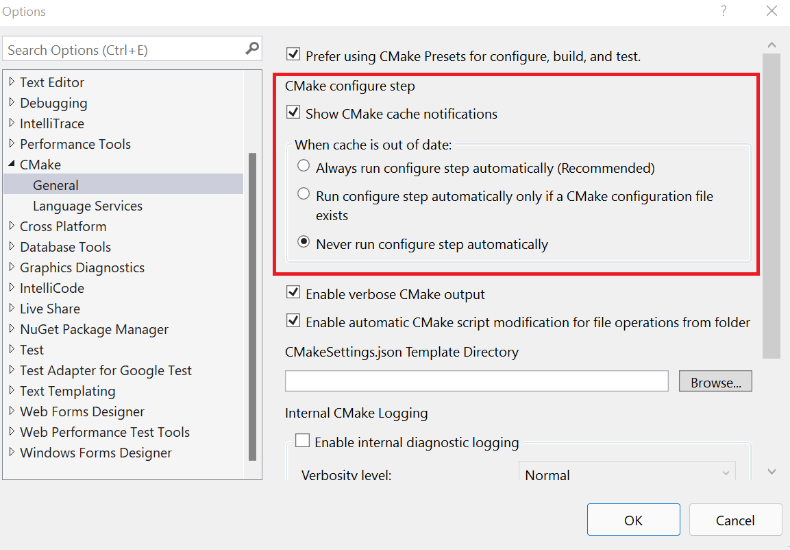 Visual Studio 설정 창의 CMake 구성 옵션 스크린샷.