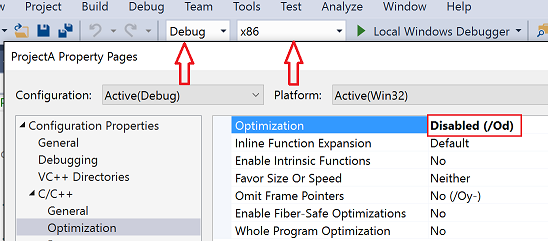 Visual Studio 속성 페이지 대화 상자의 스크린샷.