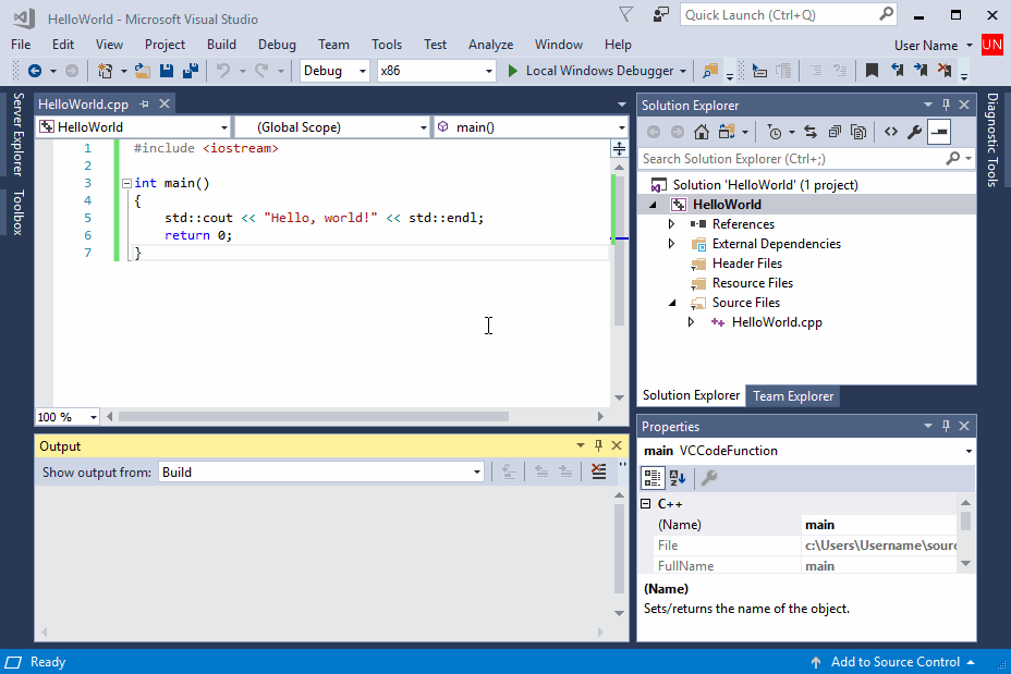 명령 프롬프트에서 앱이 실행되는 것을 보여 주는 Visual Studio 2022의 애니메이션 스크린샷.