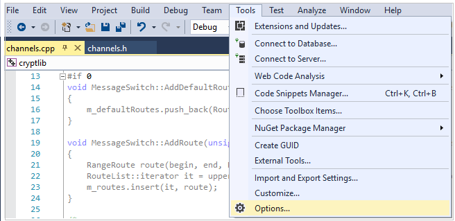 Visual Studio 메뉴 항목 도구가 선택되고 옵션 메뉴 항목이 강조 표시된 스크린샷