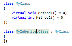 Method1 및 Method2라는 두 개의 순수 가상 함수가 있는 클래스의 스크린샷. MyInheritedClass라는 빈 클래스가 여기에서 파생됩니다.