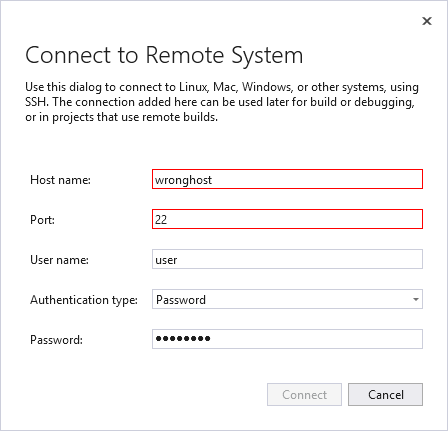 Visual Studio에서 원격 시스템으로 커넥트 창의 스크린샷 호스트 이름 및 포트 필드는 잘못된 항목을 나타내기 위해 빨간색으로 표시됩니다.