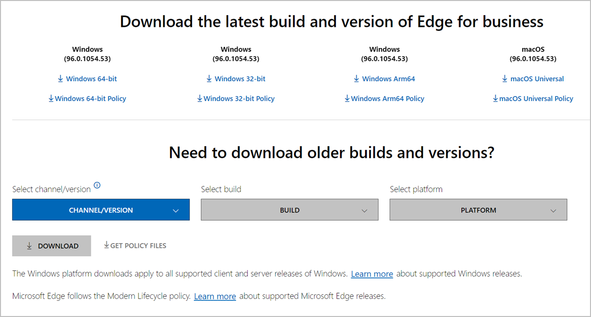 Microsoft Edge 정책 파일을 다운로드할 수 있습니다.