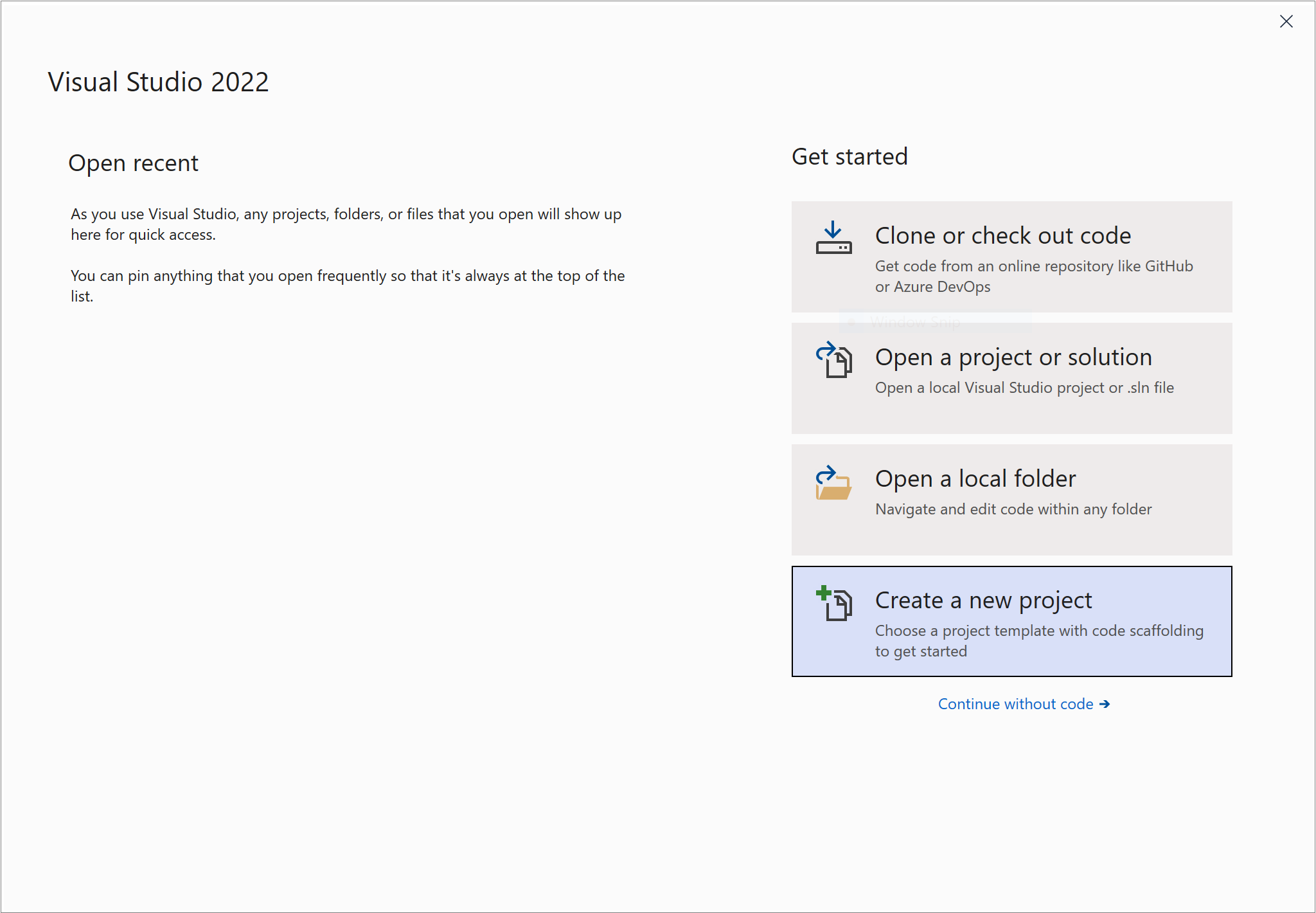 Create a new project button selected on the Visual Studio start page