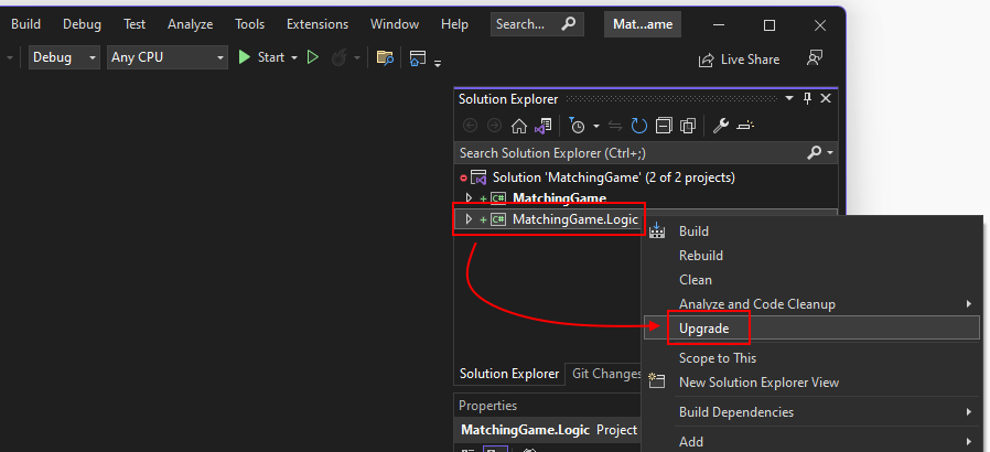 Visual Studio의 .NET 업그레이드 도우미 업그레이드 메뉴 항목 스크린샷.