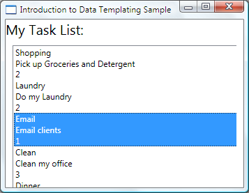 TextBlock 요소로 작업을 표시하는 내 작업 목록 ListBox에 표시된 데이터 템플릿 샘플 소개 창의 스크린샷.