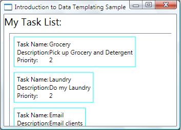 수정된 DataTemplate과 함께 내 작업 목록 ListBox에 표시된 데이터 템플릿 샘플 소개 창의 스크린샷.