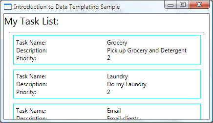 화면 가로에 맞게 늘어난 내 작업 목록 ListBox에 표시된 데이터 템플릿 샘플 소개 창의 스크린샷.