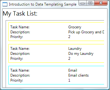집 및 사무실 작업 경계가 색으로 강조 표시된 내 작업 목록 ListBox에 표시된 데이터 템플릿 샘플 소개 창의 스크린샷.