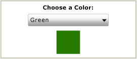 녹색 값이 선택된 콤보 상자와 녹색 사각형을 보여주는 스크린샷.