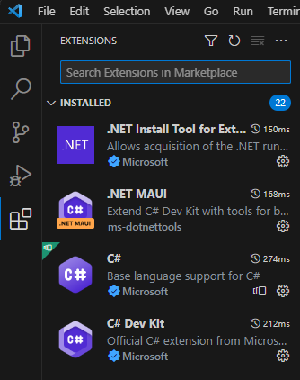 .NET MAUI 확장을 보여 주는 Visual Studio Code 확장 창의 스크린샷