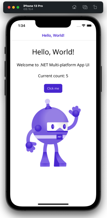 .NET MAUI app running in iPhone 13 Pro simulator.