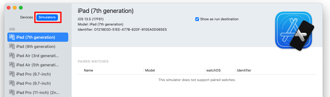 Screenshot of Xcode simulators tab.