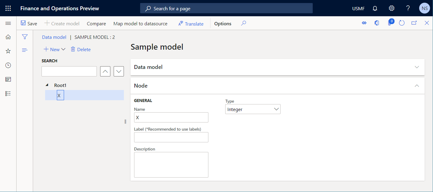 데이터 모델 페이지의 데이터 모드 트리에 X 필드 및 정수 데이터 유형이 추가되었습니다.