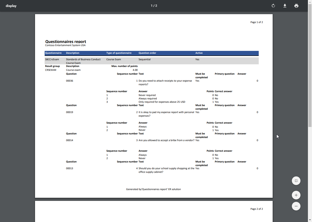 PDF 형식의 생성된 보고서 화면 미리 보기.