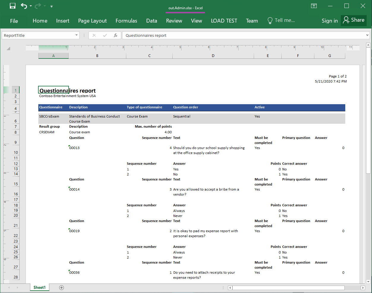 Excel 형식으로 생성된 보고서의 예, 1페이지.