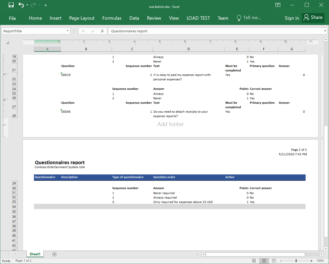Excel 형식으로 생성된 보고서의 예, 2페이지.