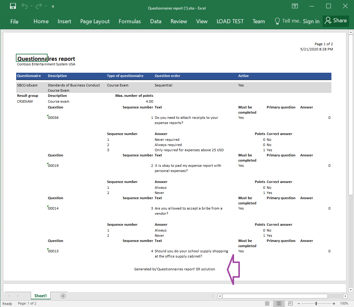 Excel 형식의 생성된 보고서.