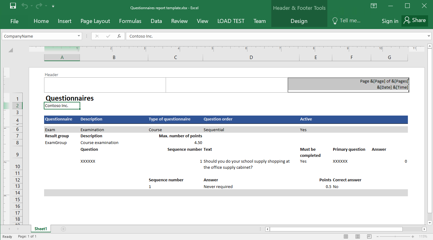 제공된 Excel 템플릿의 사용자 정의 보고서 헤더입니다.
