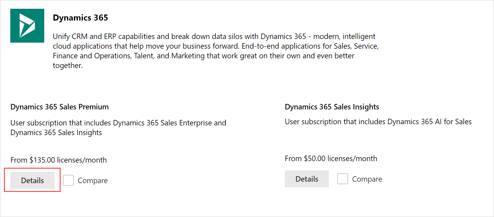 세부 정보 단추가 강조 표시된 Dynamics 365 Sales Premium 라이선스 페이지의 스크린샷.