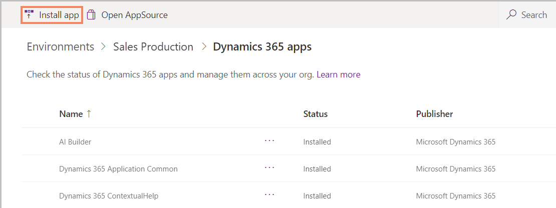 Dynamics 365 앱 페이지에서 앱 설치 선택.