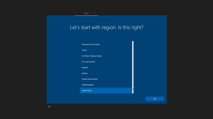 OOBE에 대한 Windows 10 PC 설정의 첫 번째 화면 스크린샷 예제입니다. 미국 지역으로 선택되고 예 단추가 활성화되어 있습니다.