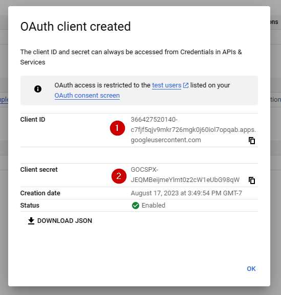 Google API 관리자 OAuth 클라이언트 ID 및 암호