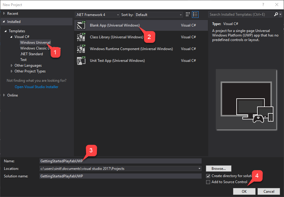 Visual Studio 새 비어 있는 UWP 앱
