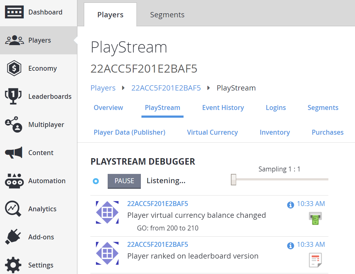 게임 관리자 - 플레이어 - PlayStream 디버거 - 순위표 이벤트 확인