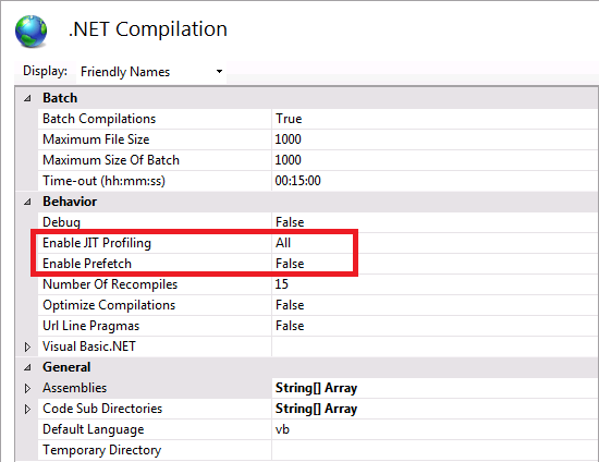 SP 점 NET 3개 점 5에 대한 점 NET 컴파일의 스크린샷. J I T 프로파일링 사용 및 프리페치 동작 사용이 강조 표시되어 있습니다.