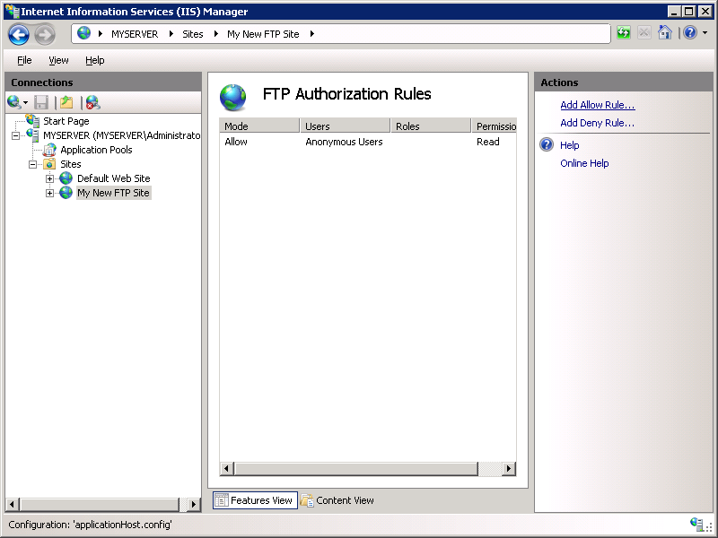 작업 창의 규칙 허용 추가 옵션에 포커스가 있는 IS Manager 화면의 F TP 권한 부여 규칙 섹션 스크린샷