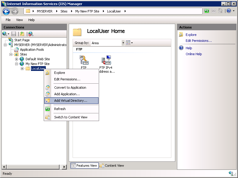 마우스 오른쪽 단추 클릭 드롭다운 메뉴의 가상 디렉터리 추가 옵션에 포커스가 있는 I S Manager 화면의 연결 창 스크린샷
