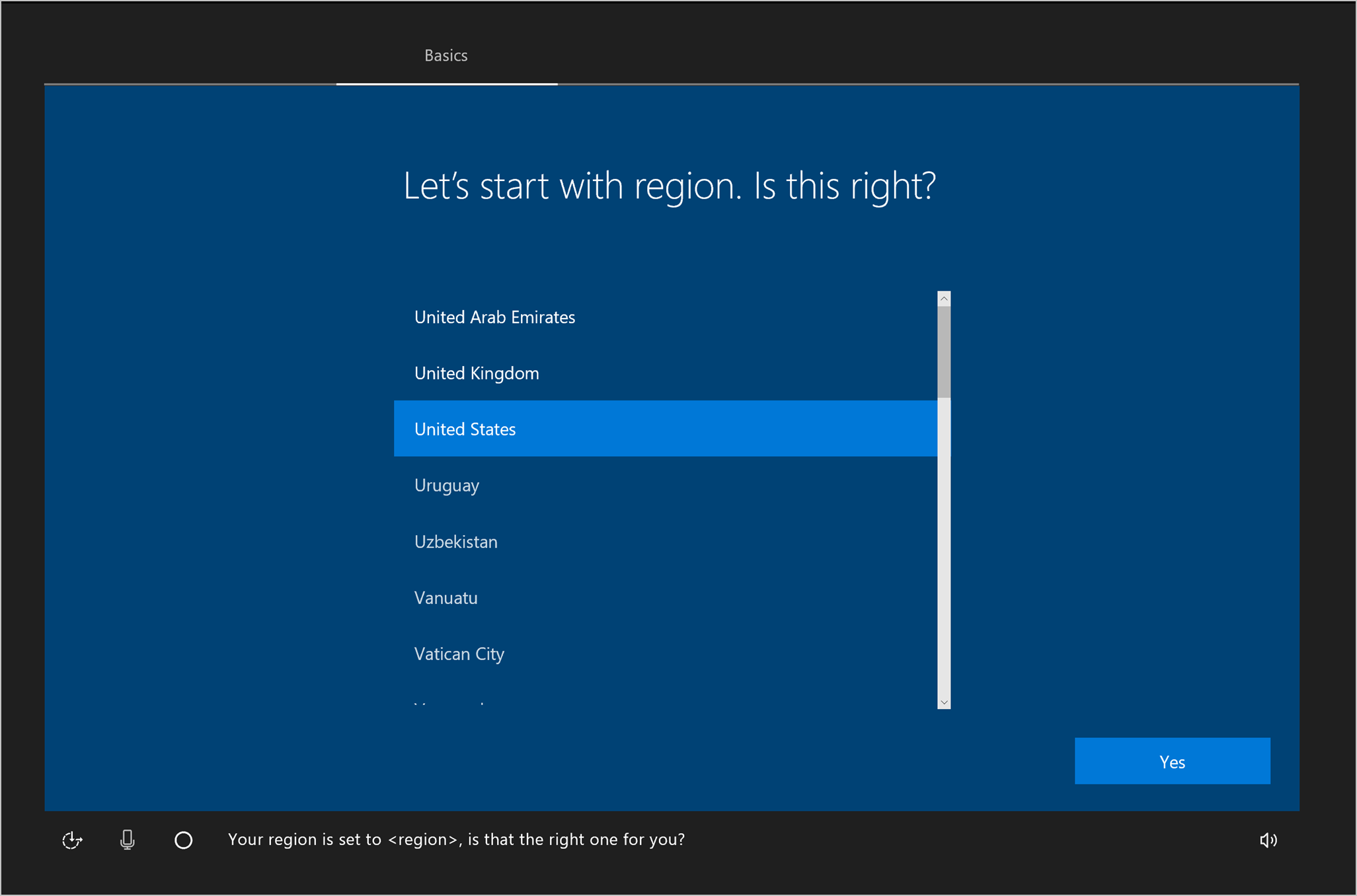 Windows 10 OOBE의 시작 설정 화면의 예제 스크린샷 미국 선택한 지역으로 강조 표시됨