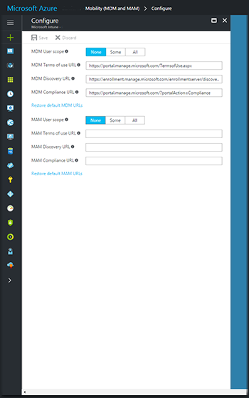 MDM 사용자 범위를 구성할 수 있는 Azure Portal을 보여 주는 스크린샷.