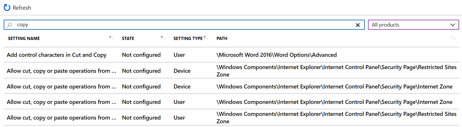 Microsoft Intune 및 Intune 관리 센터의 관리 템플릿에 있는 모든 디바이스 설정을 표시하는 복사용 Search.
