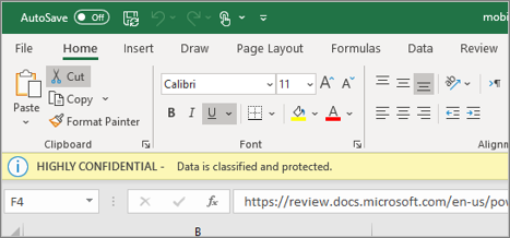 극비 민감도 태그가 있는 Excel 파일의 스크린샷.