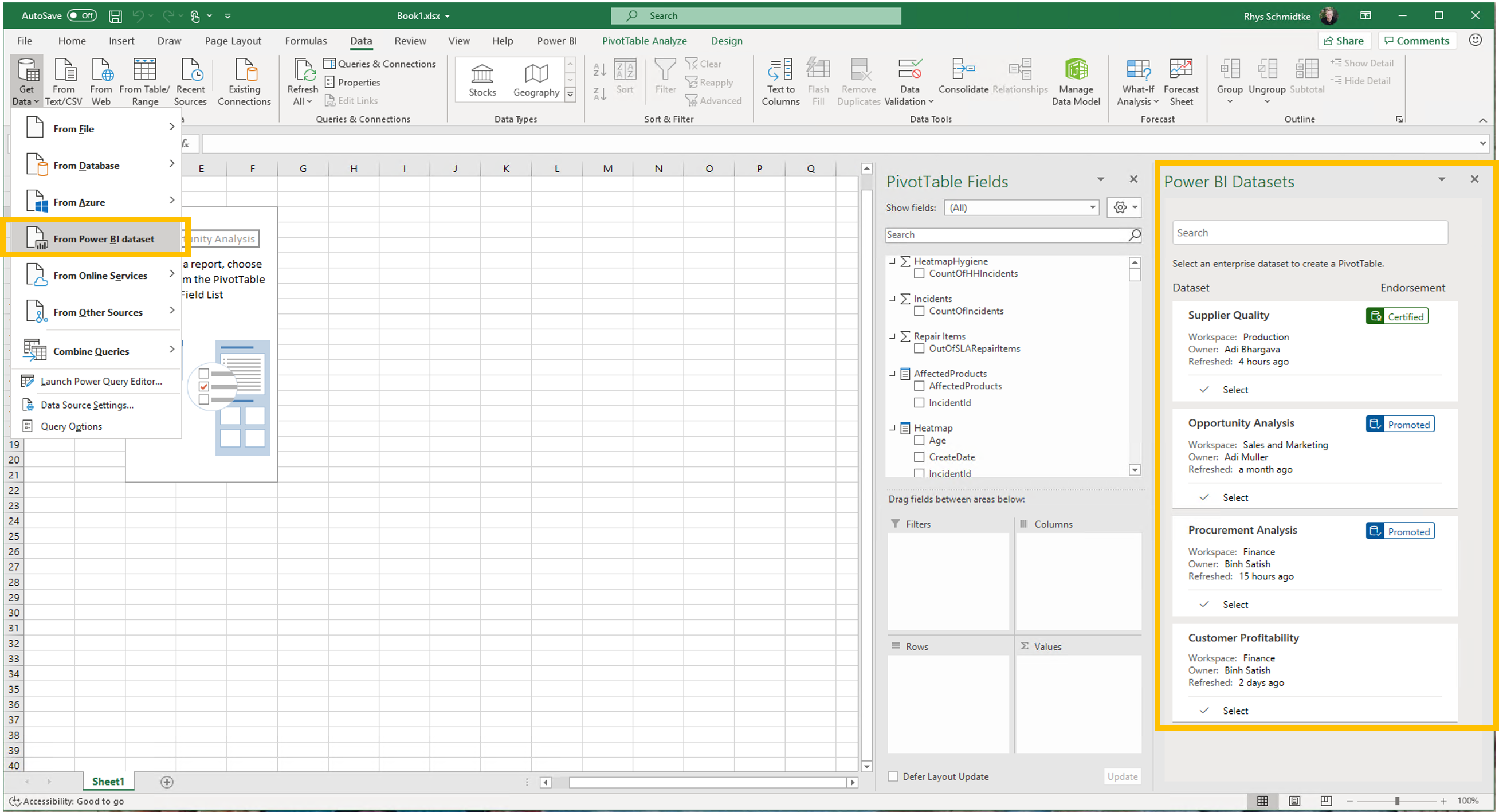 Excel에서 사용할 Power BI 데이터 세트 선택 스크린샷.