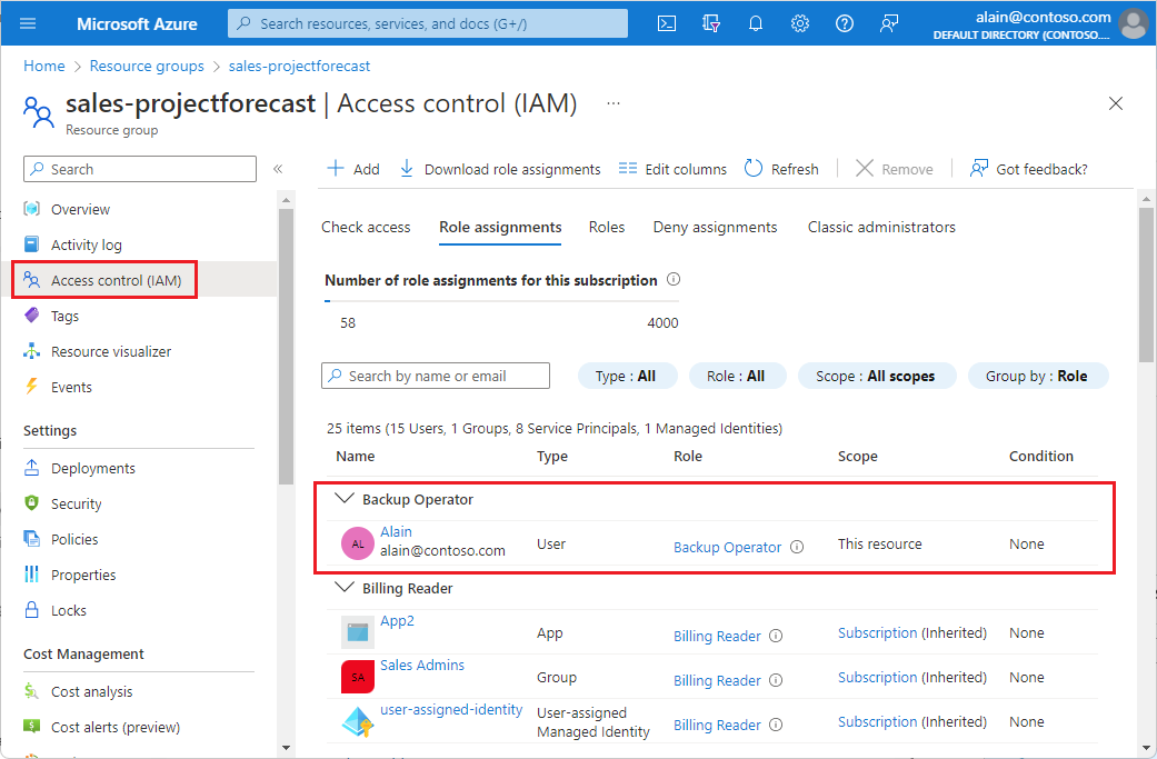 Screenshot of the Azure portal showing the Access control Role assignment pane with the Backup operator section highlighted.