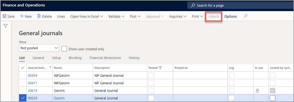 Screenshot of the General journals page where the journal is no longer locked.