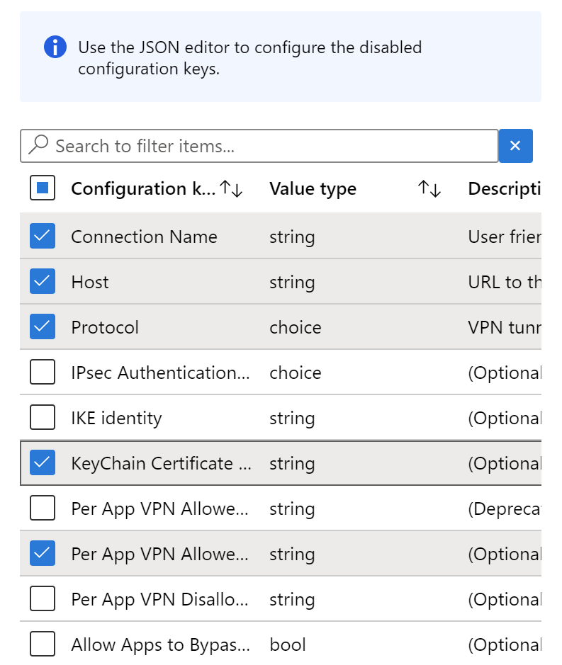 구성 디자이너를 사용하여 Microsoft Intune VPN 앱 구성 정책에 구성 키를 추가합니다( 예: ).