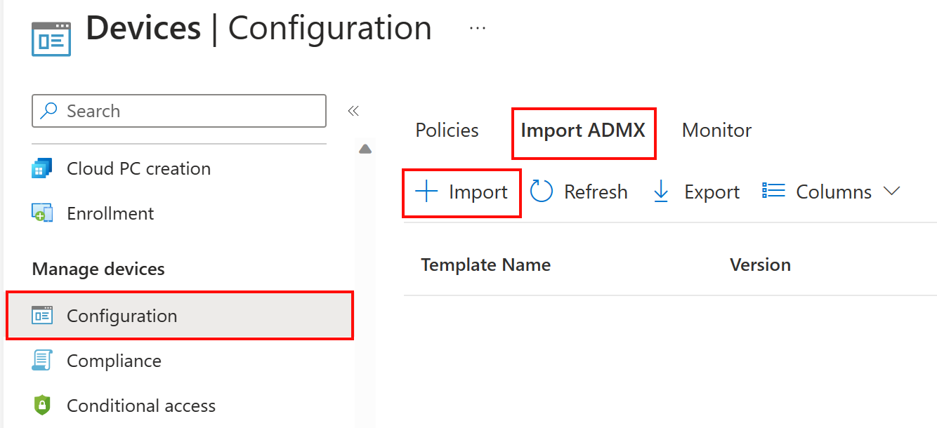 사용자 지정 ADMX 및 ADML을 추가하거나 가져오는 방법을 보여 주는 스크린샷 디바이스 > 구성 프로필 > Microsoft Intune 및 Intune 관리 센터에서 ADMX 가져오기로 이동합니다.