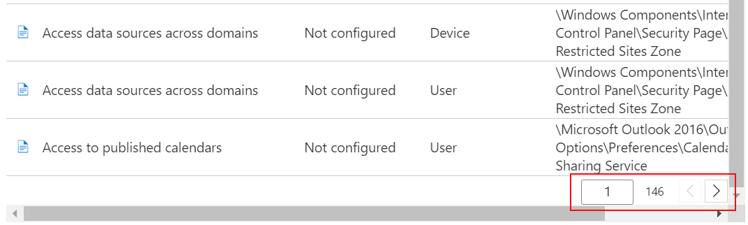 Endpoint Manager 관리 센터 및 Microsoft Intune에서 설정의 샘플 목록을 확인하고 이전 및 다음 버튼을 사용합니다.