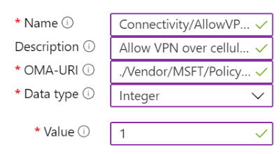 Intune에서 VPN 설정을 포함하는 사용자 지정 정책의 예를 보여 주는 스크린샷